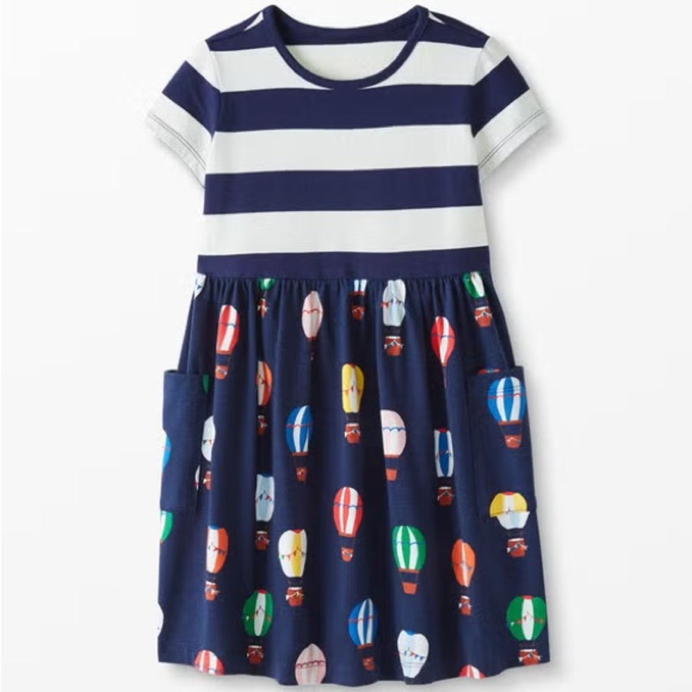 Hannah Anderson Navy and White Striped Kids Dress with Hot Air Balloon Print